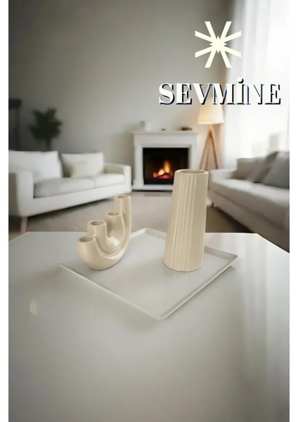 ✨ Krem Duo 2’li Vazo & Mumluk Seti – 18 cm Çizgili Bohem Vazo & 4’li U Form Krem Mumluk modelleri