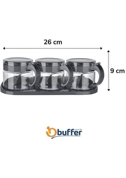 Buffer® Gri 3lü Standlı Kapaklı Kaşıklı Cam Hava Sızdırmaz Baharatlık Takımı KC-386 fırsatları