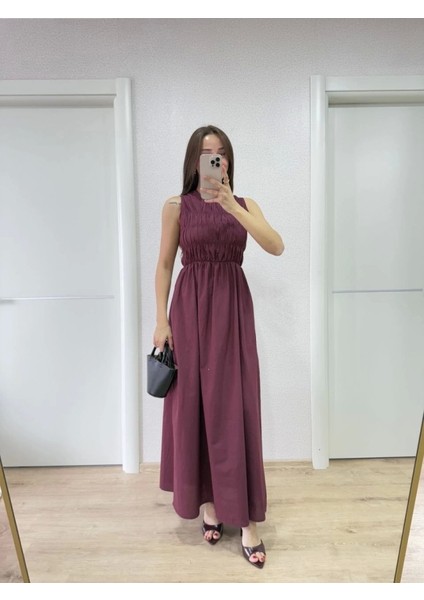 Kolsuz Göğüs Lastıklı Uzun Elbise - Bordo modelleri