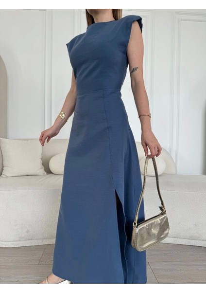 Keten Yandan Yırtmaçlı Uzun Sıfır Kolsuz Elbise - Mavi fırsatları