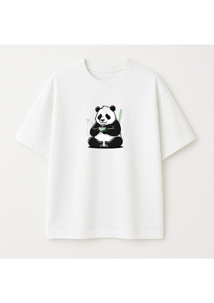 Panda Baskılı Unisex Bisiklet Yaka Pamuk Oversize T-Shirt