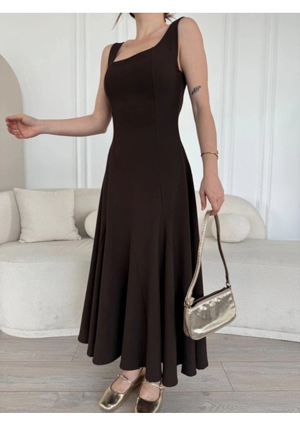 Sırt Dekolteli Kolsuz Uzun Elbise - Kahverengi fiyatları