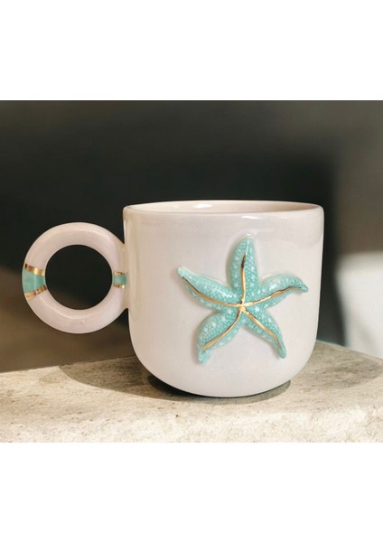 El Yapımı Seramik Gerçek 24K Altın Dekorlu Denizyıldızı Kupa