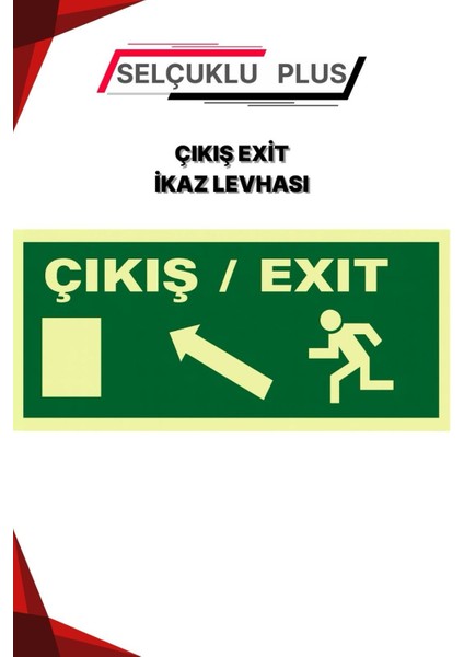 Fotolümenli Acil Çıkış Levhası Kalın Plastik Yön Ok Işaretli Exit Tabelası Yeşil Zemin
