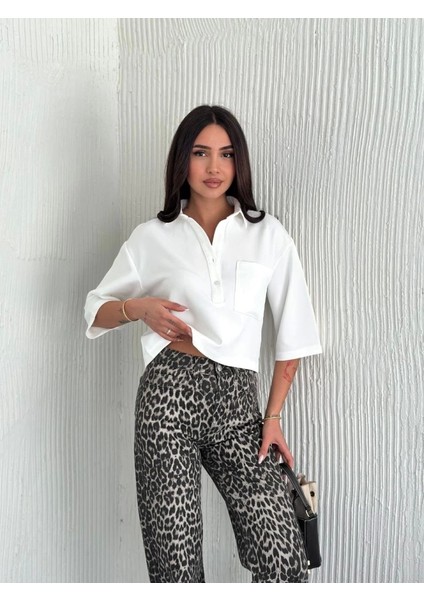 Crop Yakalı Gömlek Üç Çeyrek Sleeve Kol - Beyaz fırsatları