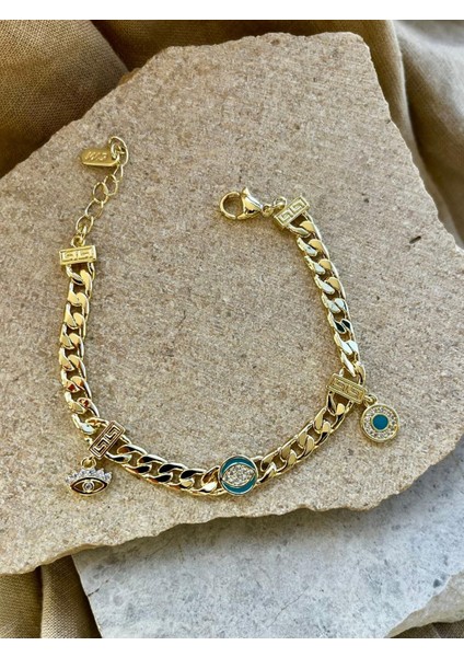 14K Taşlı Kalpli Zincir Bileklik