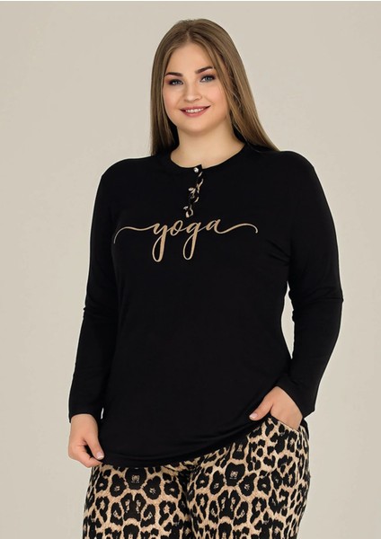 Siyah Renk Leopar Desenli Lady 11326 Kadın Uzun Kol Penye Büyük Beden Pijama Takımı