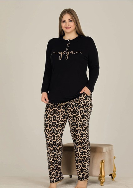 Siyah Renk Leopar Desenli Lady 11326 Kadın Uzun Kol Penye Büyük Beden Pijama Takımı modelleri