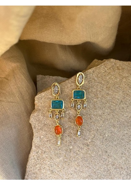 Mavi Turuncu Taşlı Sarkıt Küpe