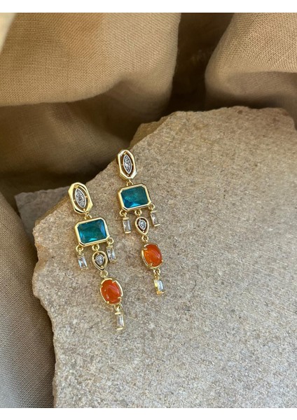 Mavi Turuncu Taşlı Sarkıt Küpe fiyatları