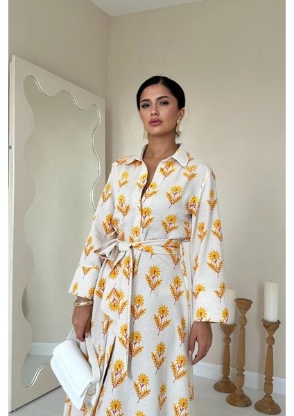 Bej Desenli ve Önü Düğmeli Keten Elbise fiyatları