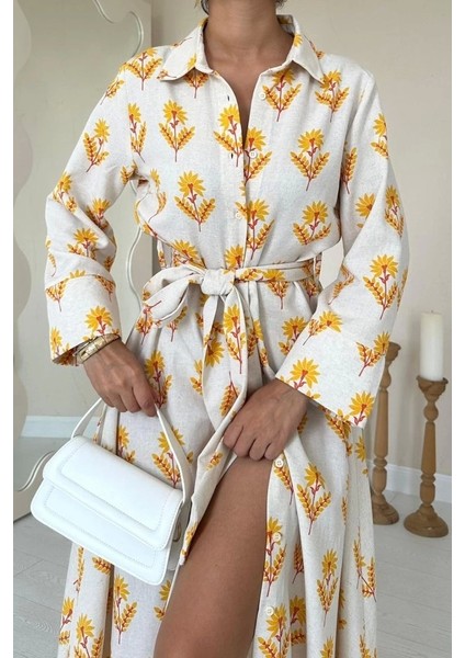 Bej Desenli ve Önü Düğmeli Keten Elbise modelleri