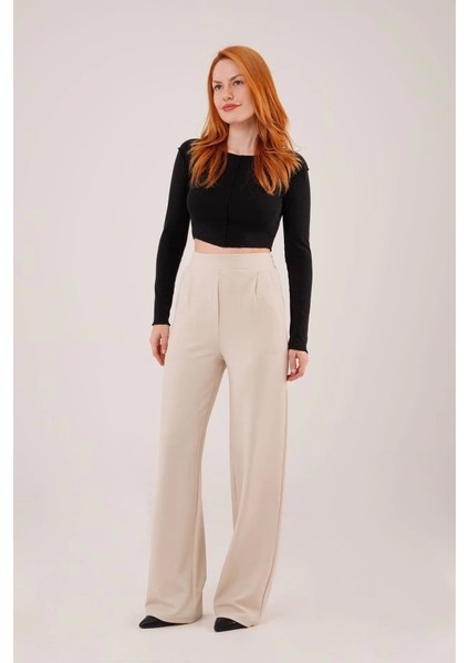 Yüksek Bel Bol Paça Krep Krem Pantolon