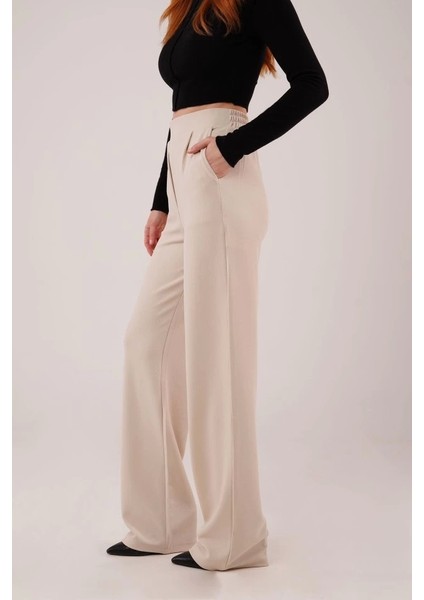 Yüksek Bel Bol Paça Krep Krem Pantolon fırsatları