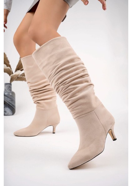 Günlük Açık Bej Kadın Çizme - Kadın Bej Süet Büzgülü Ince Topuklu Diz Altı Çizme Kışlık Günlük Bot