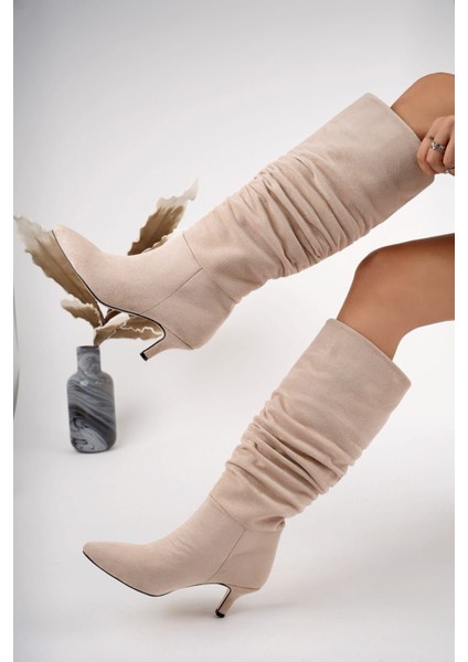 Günlük Açık Bej Kadın Çizme - Kadın Bej Süet Büzgülü Ince Topuklu Diz Altı Çizme Kışlık Günlük Bot fiyatları