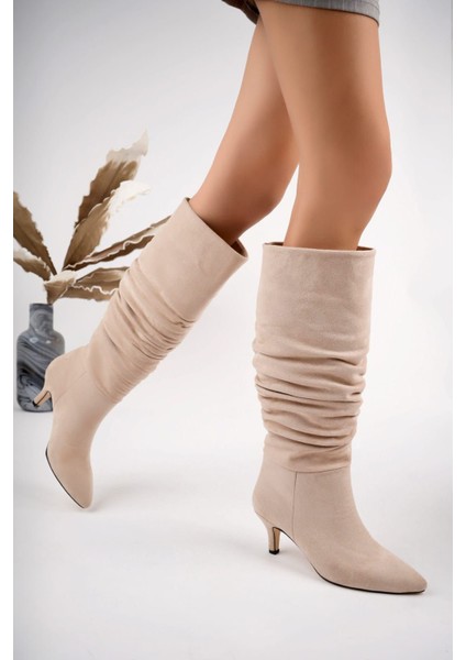 Günlük Açık Bej Kadın Çizme - Kadın Bej Süet Büzgülü Ince Topuklu Diz Altı Çizme Kışlık Günlük Bot modelleri