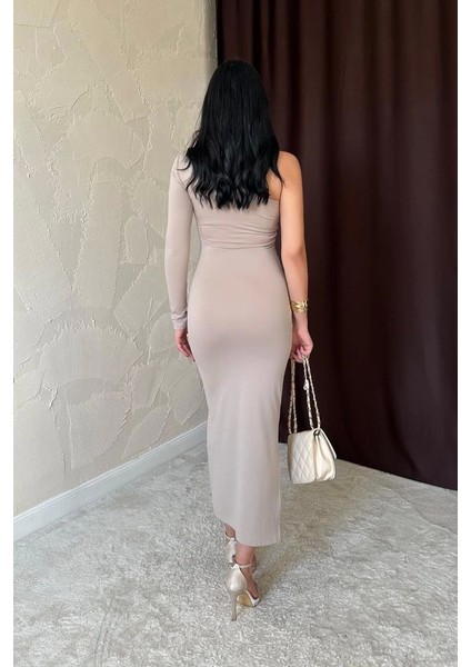 Bej Büzgü Detaylı Tek Omuz Elbise fırsatları