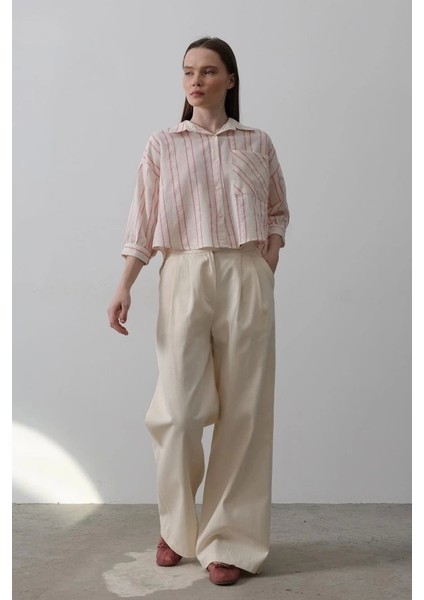 Çift Pileli Palazzo Pantolon - Natür