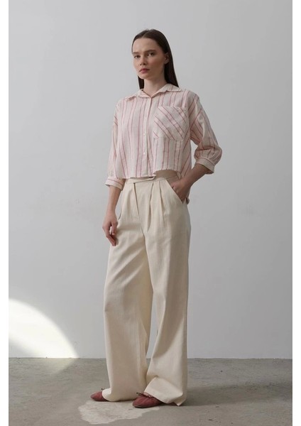 Çift Pileli Palazzo Pantolon - Natür modelleri