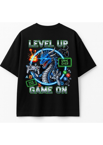 Ejder Baskılı Unisex Bisiklet Yaka Pamuk Oversize T-Shirt