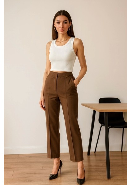Poly Viscose Yüksek Bel Pervazli Pantolon