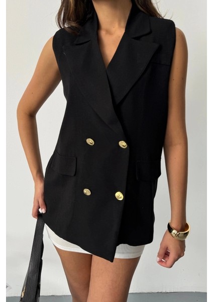 Gold Düğmeli Keten Yelek - Siyah fırsatları