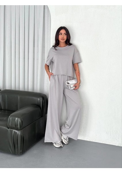 Osy Modal Yumuşak Dokulu Kumaş Bisiklet Yaka T-Shirt Bol Paça Pantalon Ikili Takım - Boyalı Gri