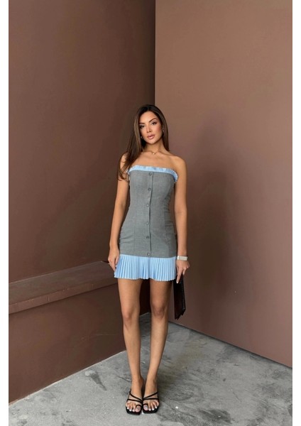 Straplez Polviskon Elbise Mavi Fırfır Detaylı - Gri