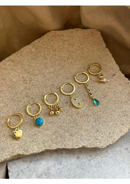 Altın Renkli Taş Detaylı Altılı Küpe fiyatları