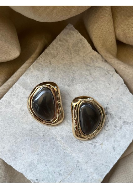 Altın Renk Çerçeveli Kahve Taşlı Küpe fiyatları