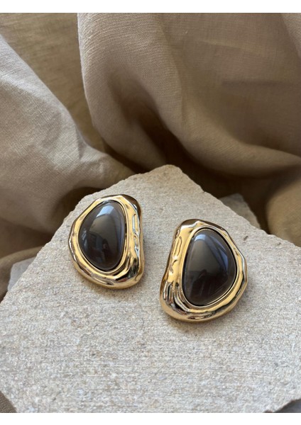 Altın Renk Çerçeveli Kahve Taşlı Küpe modelleri