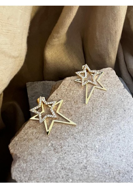 Altın Renkli Taşlı Iki Yıldızlı Küpe fiyatları