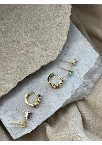 Renkli Taşlı Altın Renkli Altılı Küpe modelleri