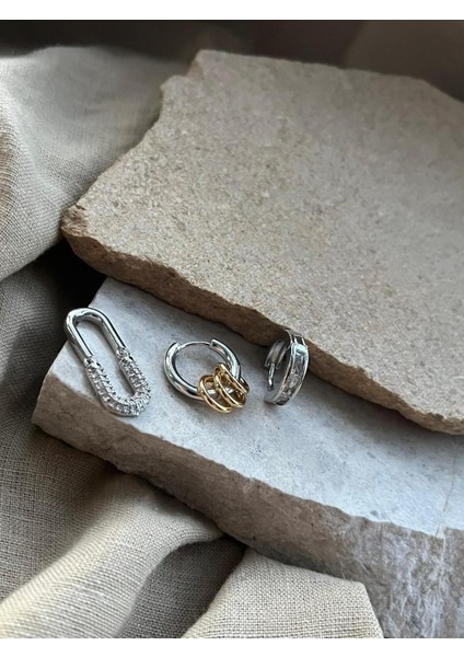 Gümüş Renkli Taşlı Oval Üçlü Küpe fiyatları