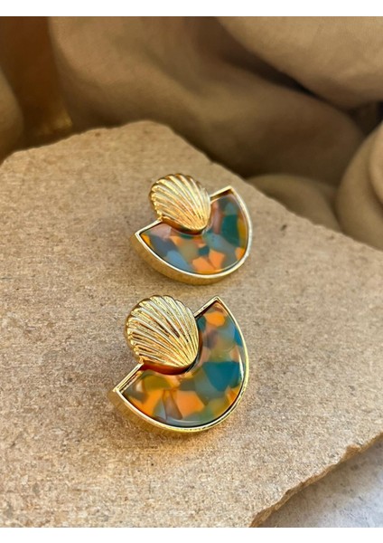 Deniz Kabuklu Pastel Renkli Yarım Daire Küpe