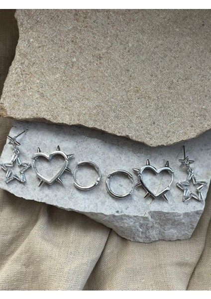 Gümüş Renkli Taşlı Yıldızlı Altılı Küpe