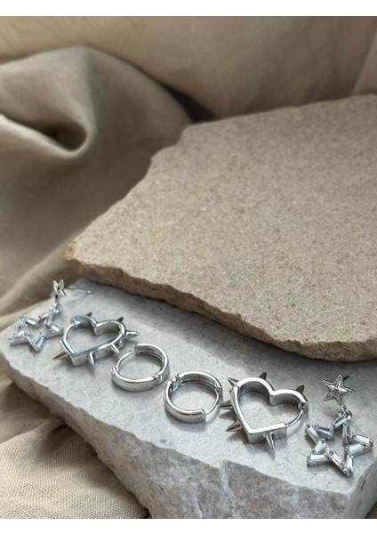 Gümüş Renkli Taşlı Yıldızlı Altılı Küpe fiyatları