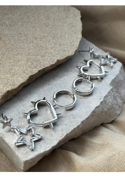 Gümüş Renkli Taşlı Yıldızlı Altılı Küpe modelleri