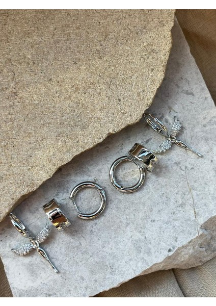 Gümüş Renkli Taşlı Perili Altılı Küpe