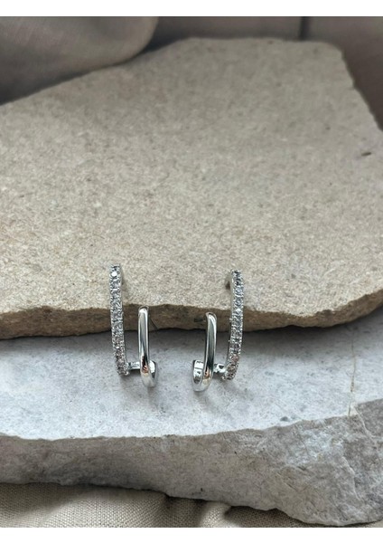 Gümüş Renkli Taşlı Ikili Küpe Seti