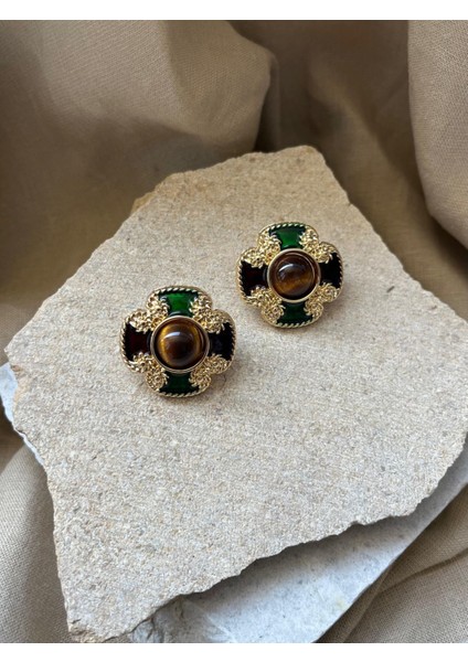 Sarı Yeşil Renkli Kahverengi Taşlı Küpe