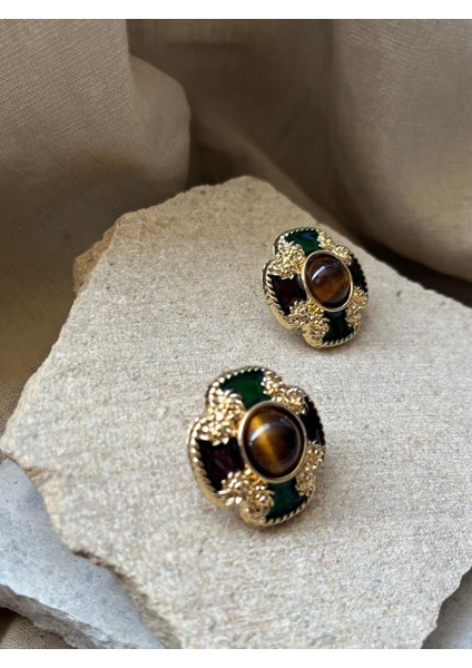 Sarı Yeşil Renkli Kahverengi Taşlı Küpe fiyatları