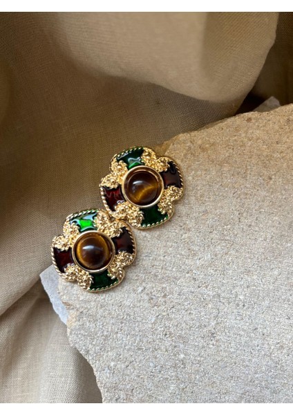 Sarı Yeşil Renkli Kahverengi Taşlı Küpe modelleri