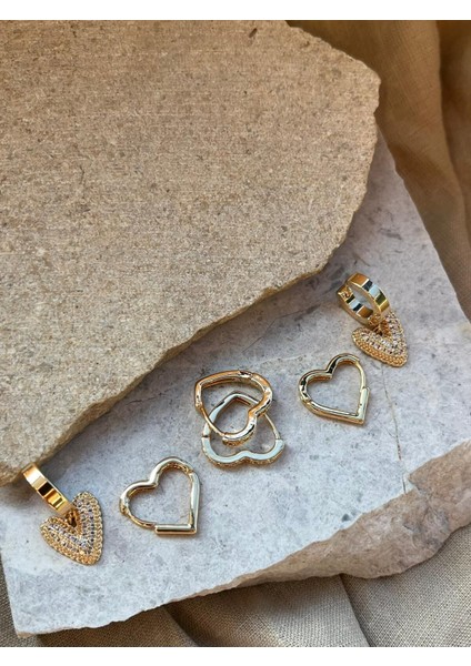 Altın Renkli Kalpli Taşlı Altılı Küpe