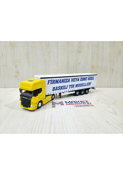 25 cm uzunlukta 1/64 ölçek Sarı SCANIA R730 TIR MAKETİ (firma ismi yazılabilir)