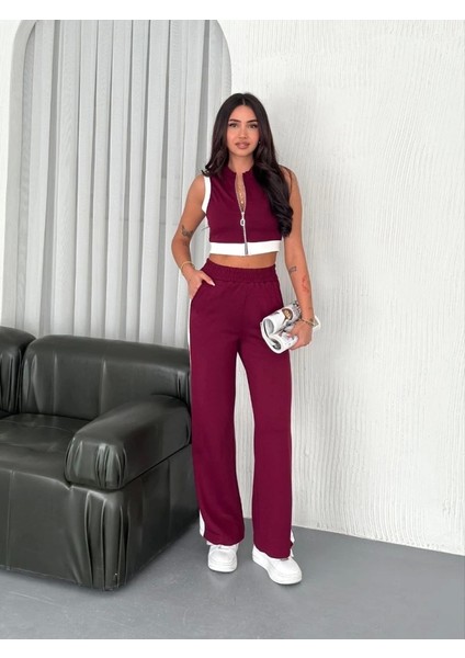 Osy Modal Yumuşak Dokulu Kumaş Tam Fermuarlı Crop Pantalon Ikili Takım - Bordo
