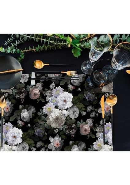 Siyah Çiçek Kumaş Amerikan Servis 4'lü Set - 35X50CM (Keten, Ulusl. Yıkama ve Solmama Sertifikası)