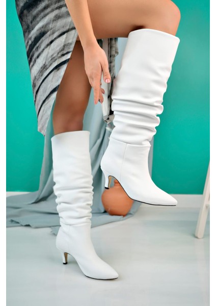 Beyaz Uzun Çizme - Ince Topuklu Körüklü Cilt Kadın Çizme, Sivri Burunlu Diz Altı Kışlık Kadın Çizme fiyatları