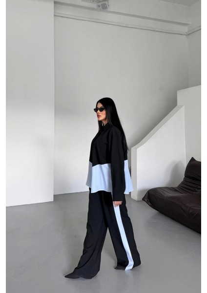 Polyviskon - Poplin Parçalı Gömlek Pantolon Takım - Siyah modelleri